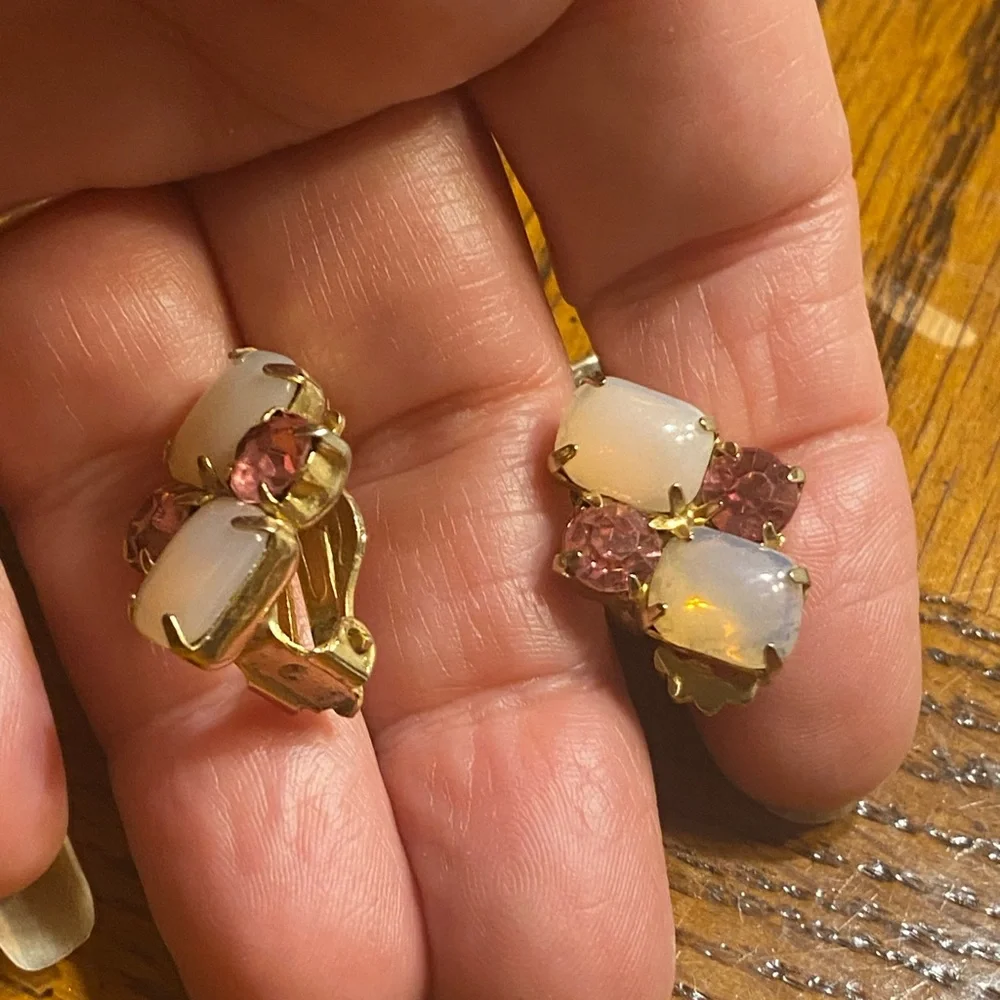 MCM clip on pink givre glass stones paired with pink faceted rhinestones